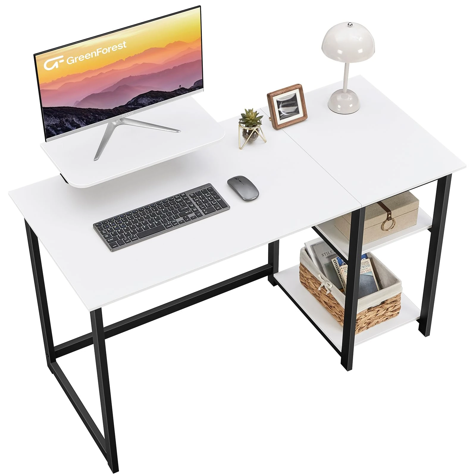 GreenForest Computer Desk with Monitor Stand,100cm Home Office Desk with Reversible Storage Shelves,Study Desk for Small Spaces,White