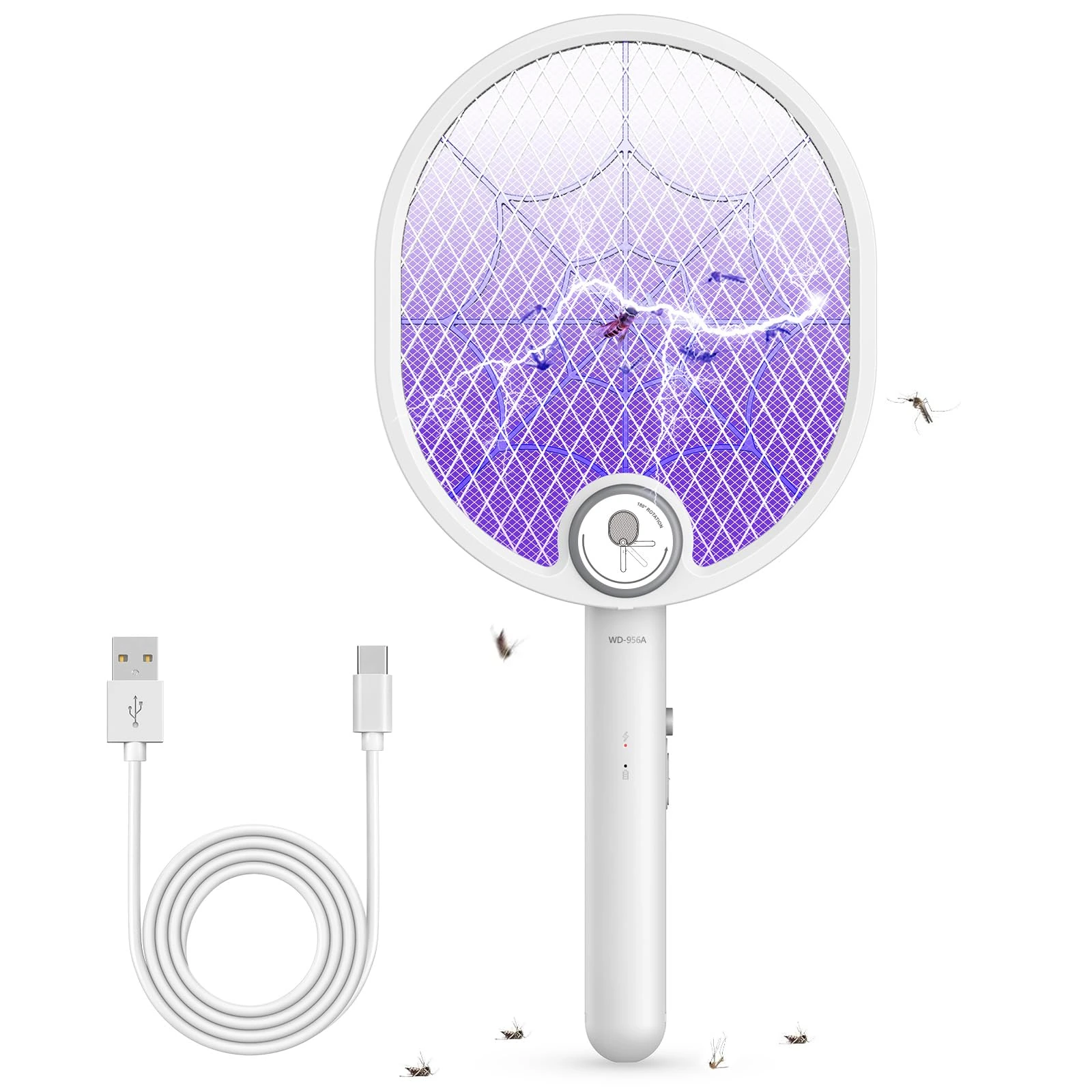 Buzbug Electric Fly Swatter, Foldable Fly Killer Electric Mosquito Swatter USB-C Rechargeable Bug Zapper Racket for Home Indoor and Outdoor Large Surface Fly Zapper Racket with 3-layer Dense Mesh