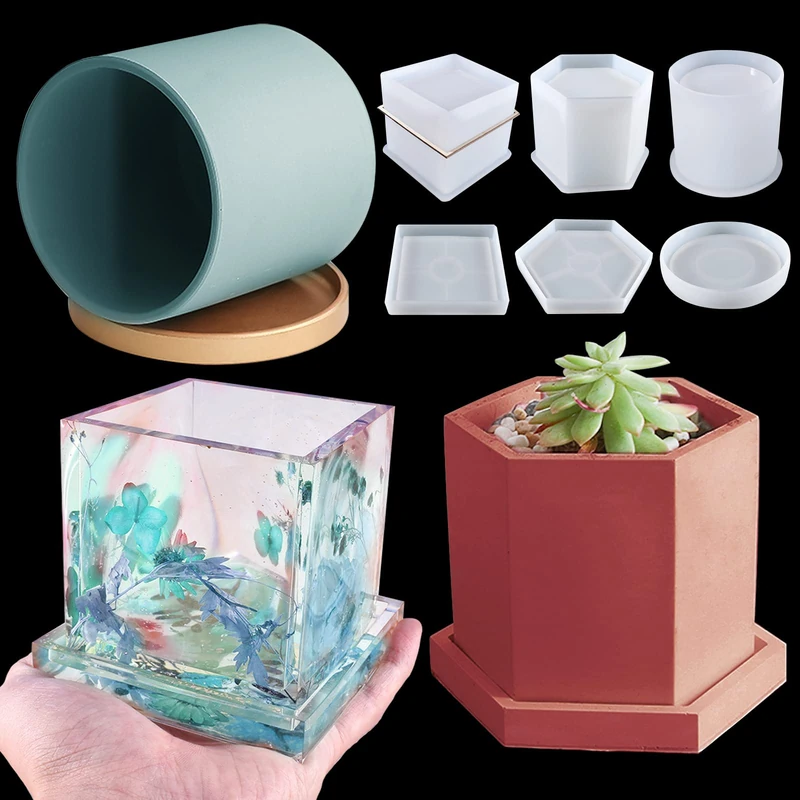 3 Sets Large Silicone Plant Molds, Container Coaster Resin Concrete Mold, Cylinder Cube Hexagon Silicone Mold for Candle Vessel Succulent Planter Pot Pen Holder Jar, Handmade Crafts Supplies
