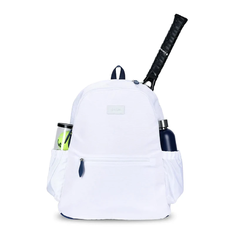 Ame & Lulu Courtside 2.0 Tennis Backpack - Padded & Adjustable Straps - Contains Two Exterior Water Bottle Pockets - White/Navy - 1 Count