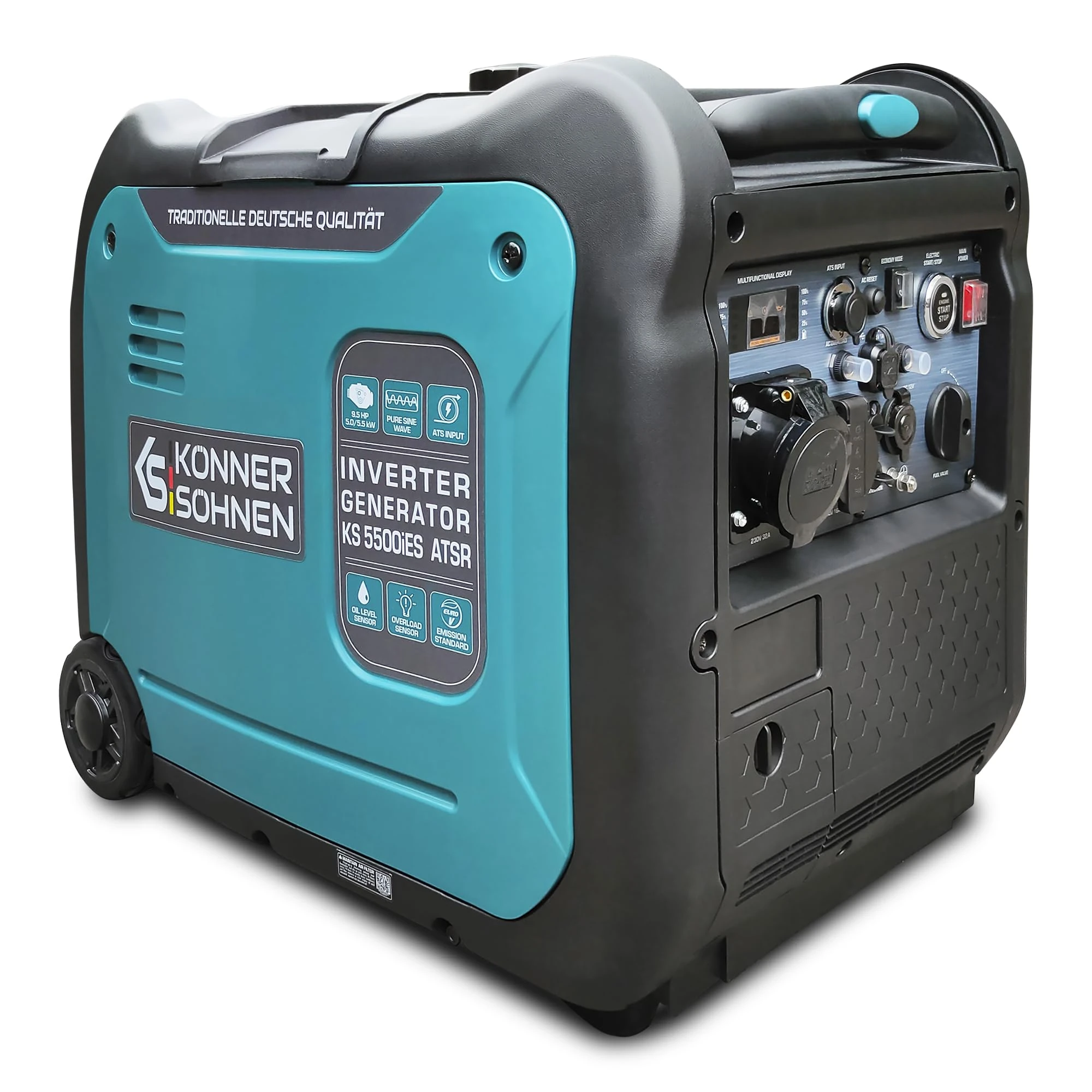 Könner & Söhnen KS 5500iE S ATSR portable petrol inverter generator(70 dB Lpa 7 m) silent inverter generator 5500 W,UK Plug Sockets 1x13 A,1x32 A (230 V),2 USB ports