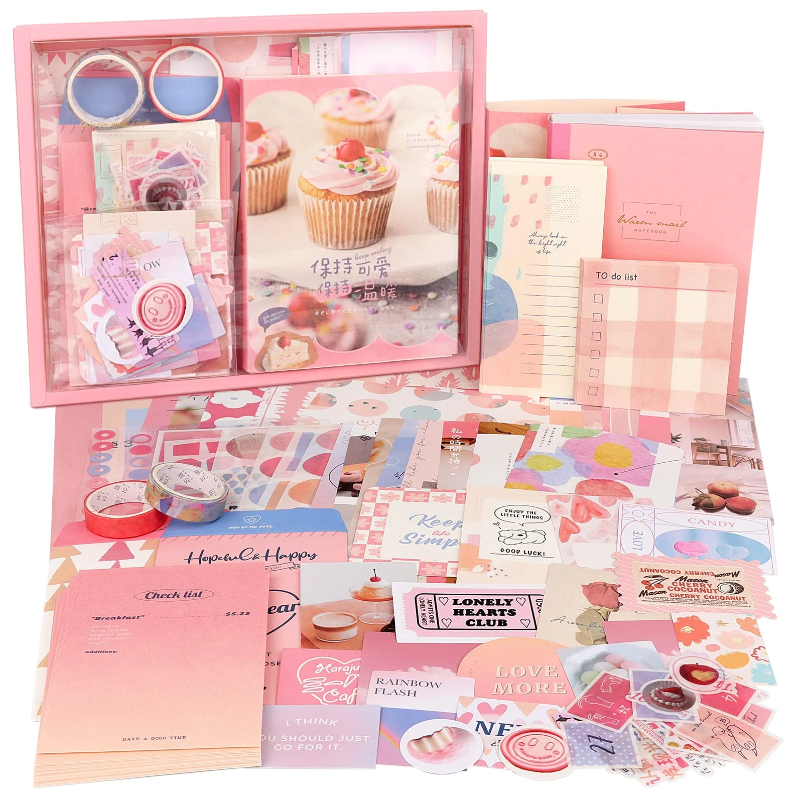 Draupnir Pink Cute Kawaii Scrapbook Kit(348pcs), Bullet Junk Journal Kit with Journaling/Scrapbooking Supplies, Stationery, A6 Grid Notebook with Graph Ruled Pages DIY Gift for Teen Girl - Sweet