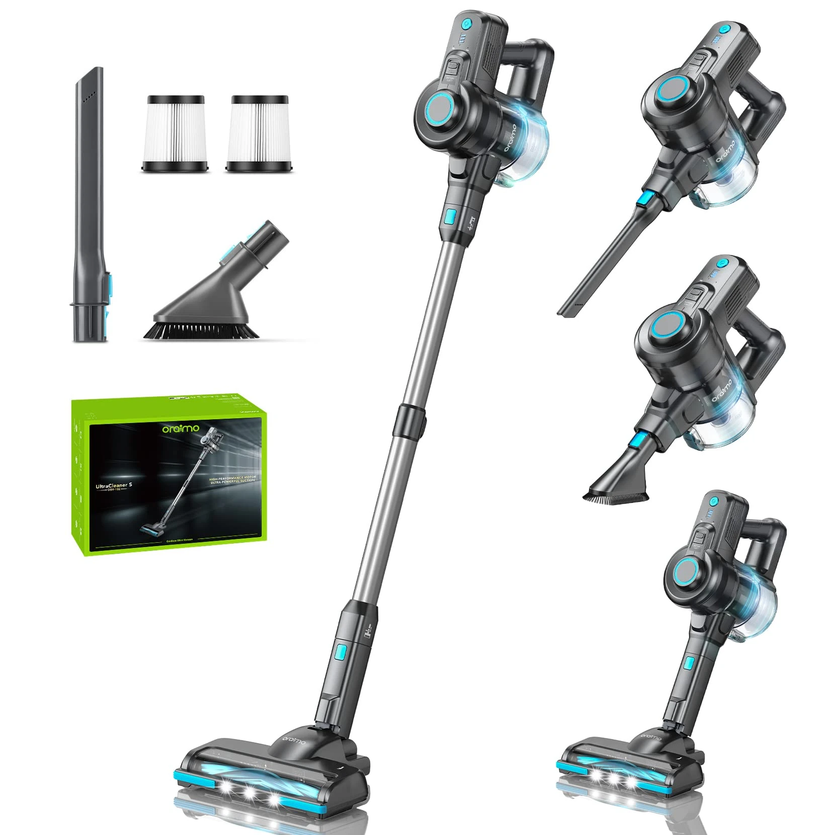 Oraimo Cordless Vacuum Cleaner, 6-in-1 Self-Standing Stick Vacuum Cleaner, Powerful Cordless Vacuum with LED Light, Cordless Hoover for Hard Floors, Carpets, Marble Tiles, Pet Hair