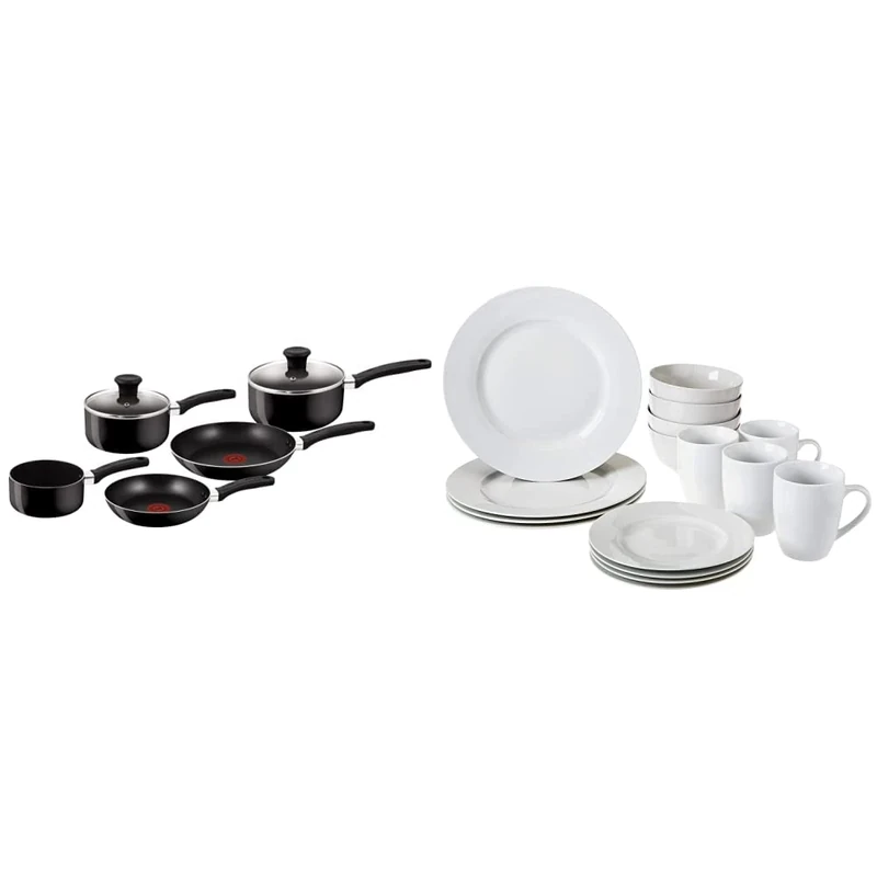 Tefal B470S544 Delight 5 Piece Non Stick Pan Set (14 cm Milk, 16/18 cm Saucepans with Lids, 20/24 cm Frypan) & Amazon Basics 16-Piece Dinnerware Set, Service for 4, AB-grade porcelain, White