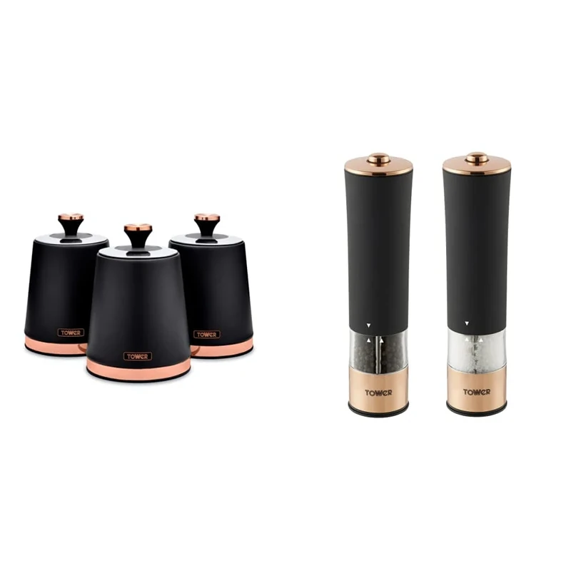 Tower T826131BLK Cavaletto Set of 3 Storage Canisters for Coffee/Sugar/Tea, Black and Rose Gold & T847003RB Electric Salt and Pepper Mill, Stainless Steel, Soft-Touch Body, Rose Gold and Black