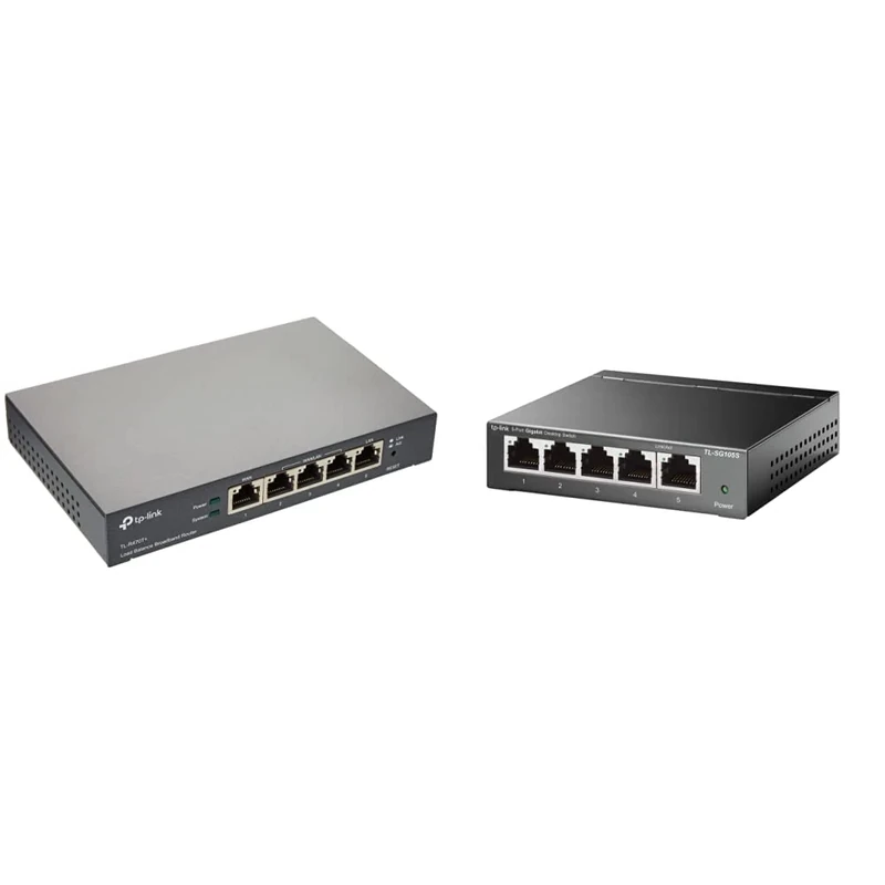 TP-Link Load Balance Broadband Business Router with Up to 4 WAN Ports, Grey (TL-R470T+) & TL-SG105S, 5 Port Gigabit Ethernet Network Switch, Ethernet Splitter, Hub, Desktop and Wall-Mounting
