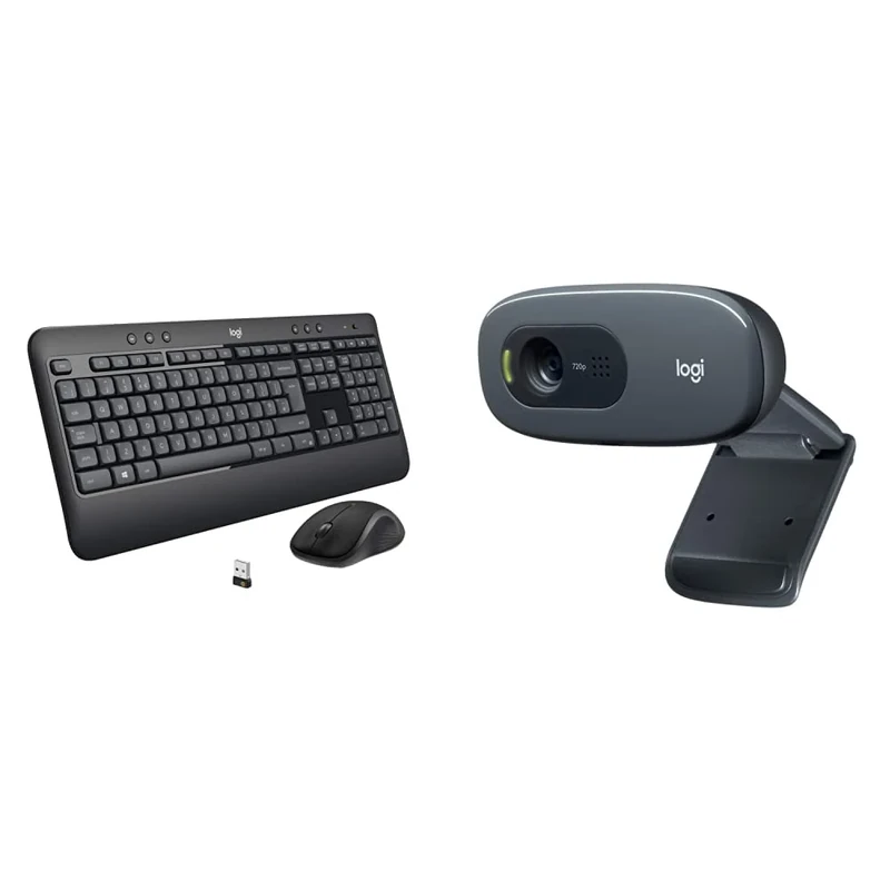 Logitech MK540 Advanced Wireless Keyboard and Mouse Combo - Black & C270 HD Webcam, 720p/30fps, Widescreen HD Video Calling, Light Correction, Noise-Reducing Mic - Black