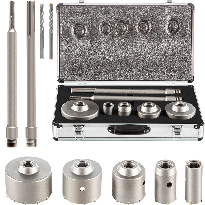 VEVOR Concrete Hole Saw Kit, 1-2/11", 1-3/5", 2-9/16", 3-5/32", 3-15/16" Drill Bit Set SDS Plus & SDS MAX Shank Wall Hole Cutter w/a 4-1/3" Connecting Rod for Concrete, Cement,Silver