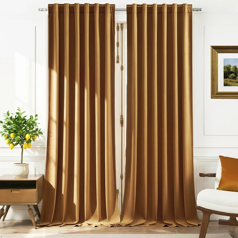 Timeper Gold Velvet Curtains for Sliding Door - Holiday Decor 90 inches Long Backdrop Curtains for Party Dining Privacy Protect Room Darkening Curtain Panels, Gold Brown, W52 x L90, 2 Panels