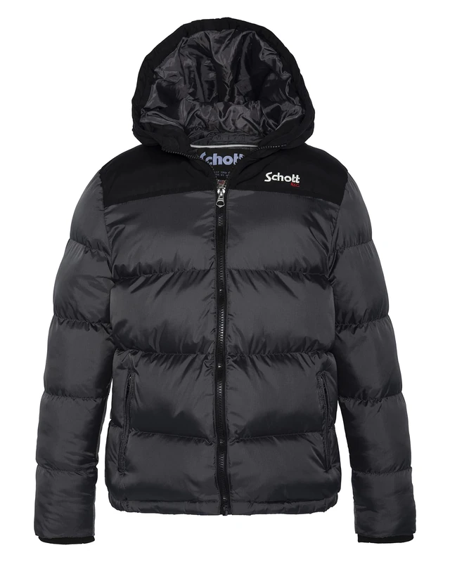 SCHOTT NYC Boy's UTAH2B KIDS HOODED DOWN JACKET WITH SCHOTT SHOULDER Yoke, ANTHRACITE, 16