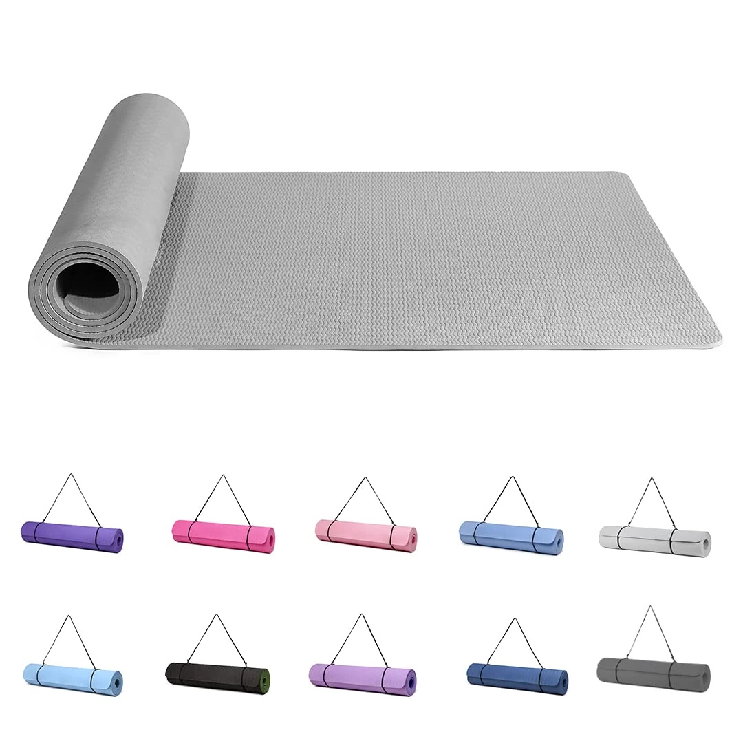Good Nite Yoga Mat Exercise Mats Workout Pilates Fitness Mat for Women Men Non-Slip Thick 6mm High Density Gymnastics Mats with Carry Strap Tpe 183 x 61 x 0.6cm (Grey)