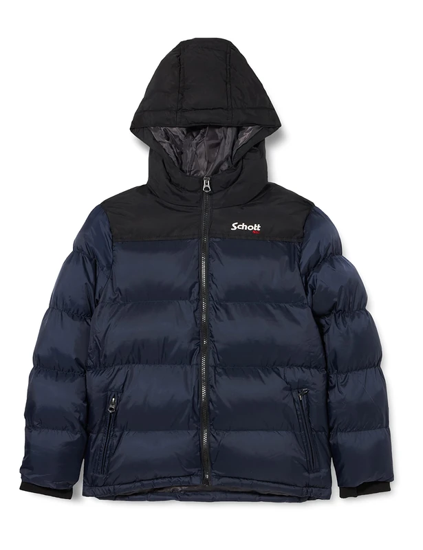 SCHOTT NYC Boy's UTAH2B KIDS HOODED DOWN JACKET WITH SCHOTT SHOULDER Yoke, Navy, 16