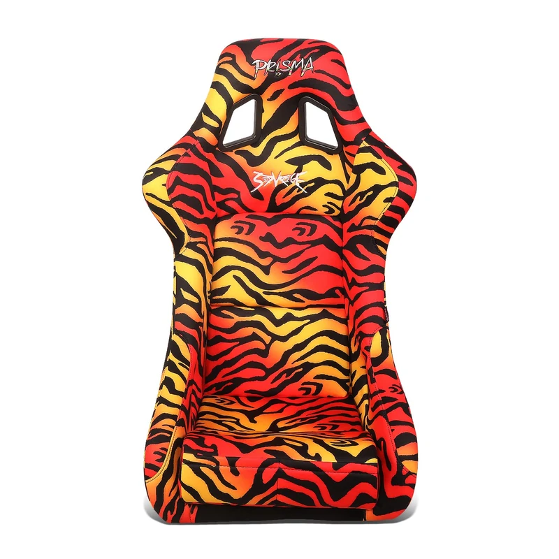 NRG Innovations NRG-FRP-302TIGRE-SAVAGE Prisma Fixed Back Bucket Seat w/Bottom Mount,Tiger Yellow/Orange Print Fabric/Gold to Pink Ombre Sparkle Back - Image 1