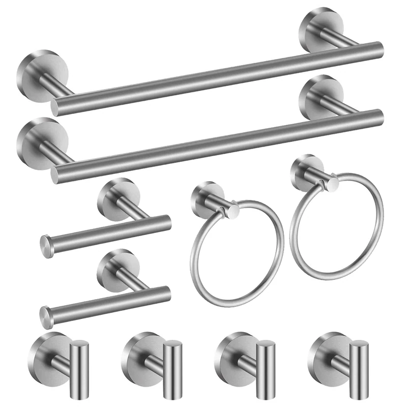 Hinmood Bathroom Hardware Set 10 Pieces, SUS 304 Stainless Steel Towel Bar Set Includes 2 Packs 16 inch Towel Bar, 4 Packs Towel Hook, 2 Packs Towel Ring, 2 Packs Toilet Paper Holder