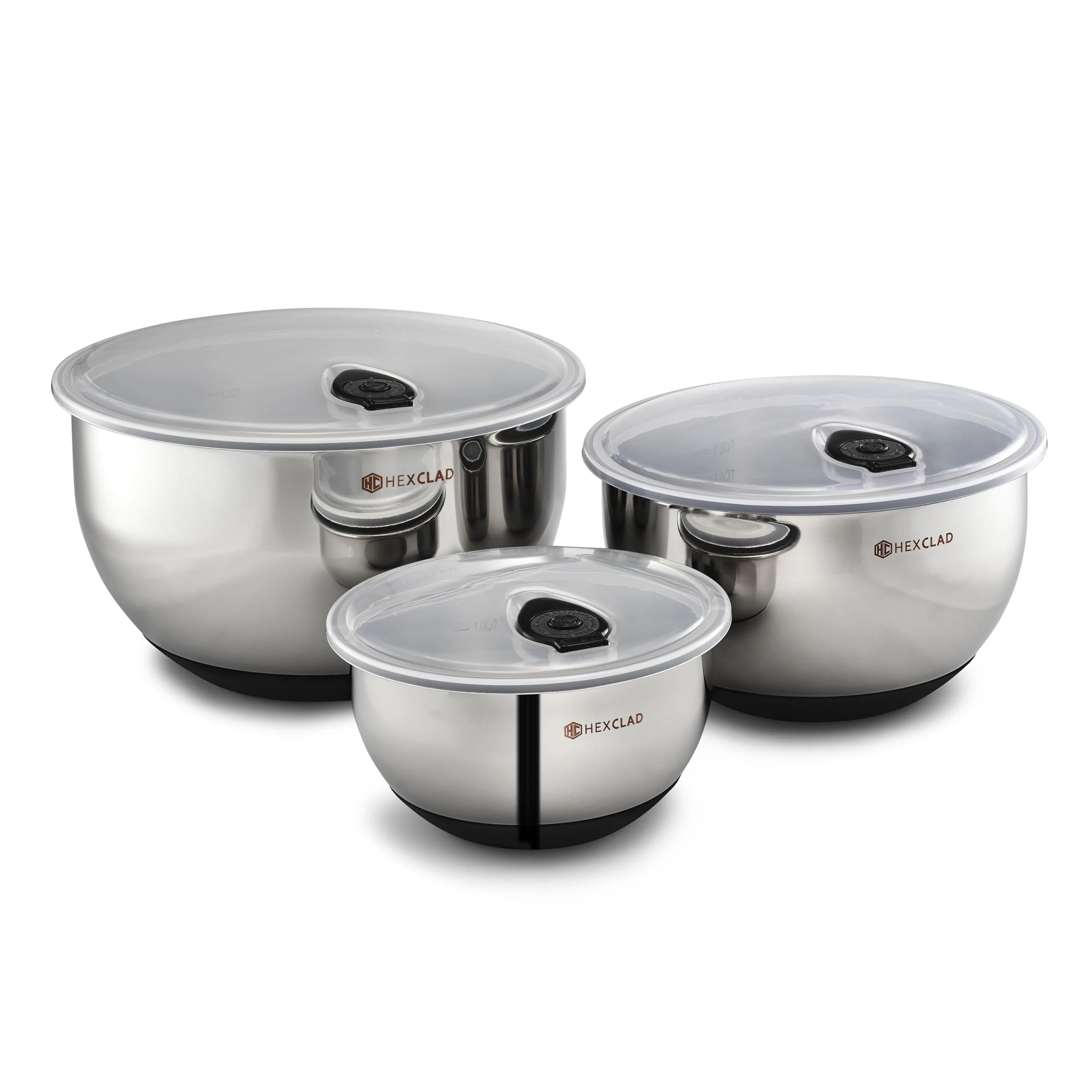 HexClad Stainless Steel Mixing Bowl Set, 3-Piece with Vacuum Seal Lids and Non-Slip Base, 1.3, 3 and 5 Litre Bowls