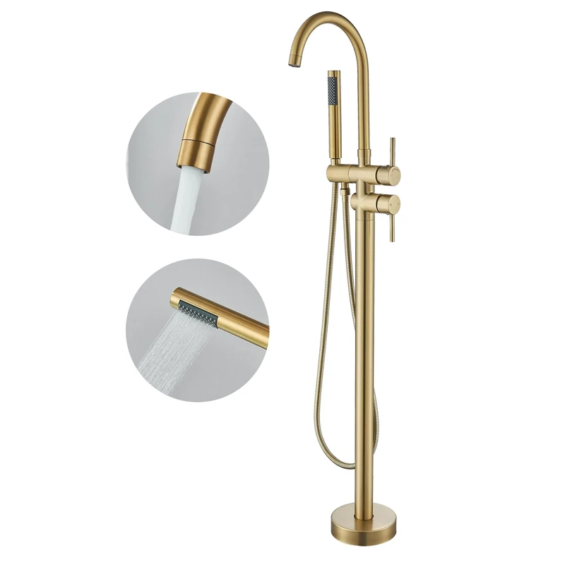 YAGATAP Freestanding Bathtub Faucet Floor Mount Tub Filler Brushed Gold High Flow Shower Faucets with Handheld Shower Mixer Taps Swivel Spout