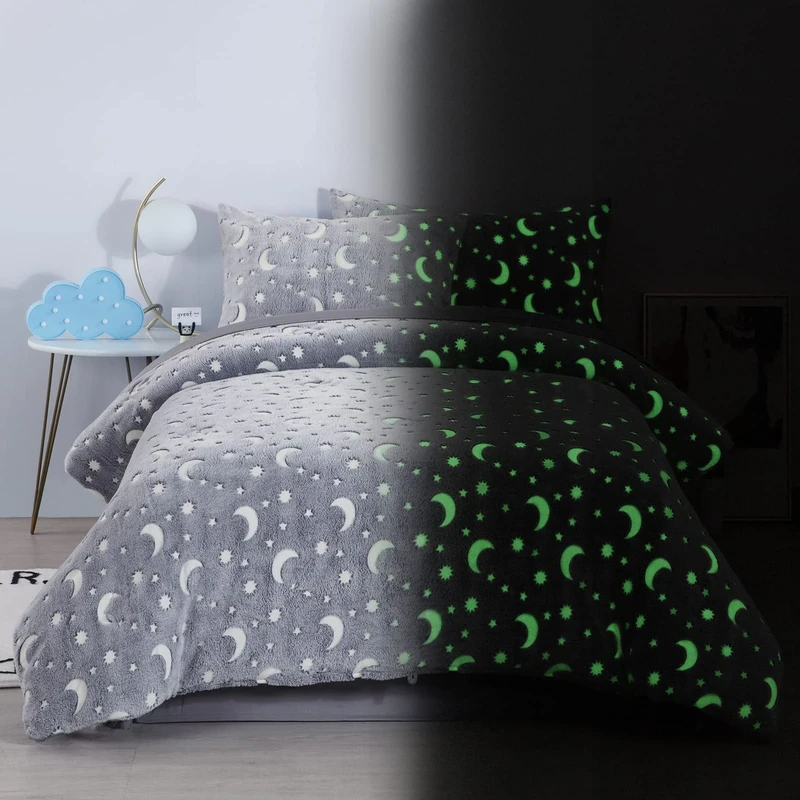 HOMBYS Glow in The Dark Comforter Set 5 Piece Twin/Twin XL with Sheets, Grey Velvet Bedding Comforter Sets for Twin Bed, Ultra Soft Down Alternative Comforter for Teenage Boys Kids, Bed in a Bag