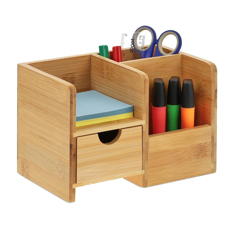 Relaxdays Desk Organiser, 3 Compartments and Drawer, H x W x D: 14 x 20.5 x 13 cm, Bamboo, Natural