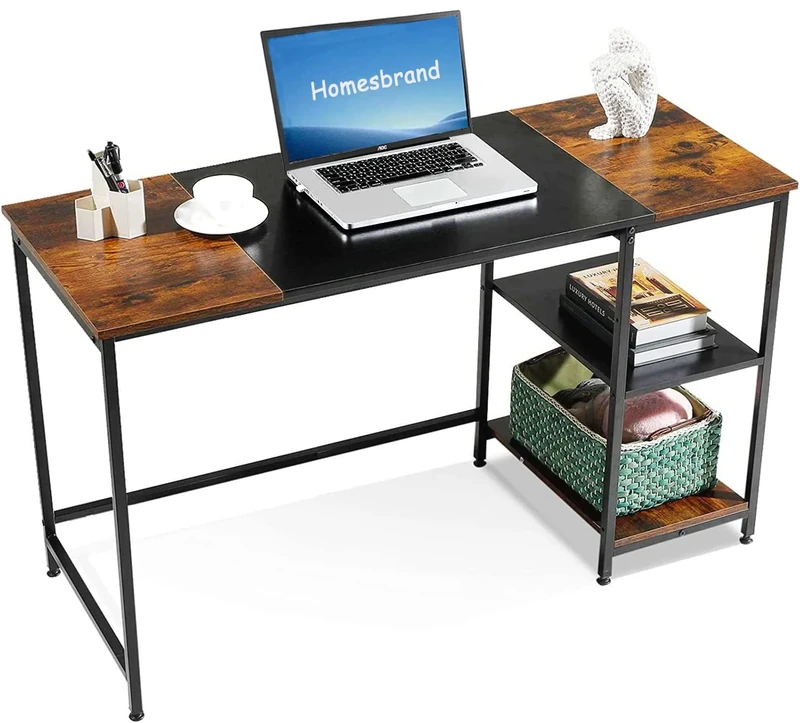 Homesbrand Computer Desk, Home Office Desk with Storage Shelves, Desks & Workstation for Home Working, PC Study Writing Table, Industrial Wooden Desk for Bedroom,Living room 150x50x75cm