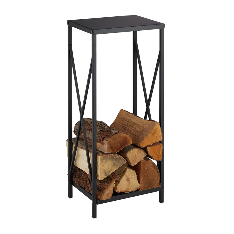 Relaxdays Firewood Storage Stand, Logs Rack for Indoors, Powder-Coated Metal, Wood Shelf, HWD: 80 x 34 x 25 cm, Black, Steel