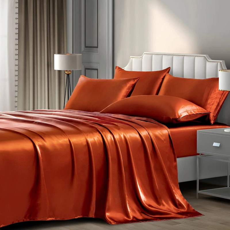 Pothuiny Luxury Silky Satin Bed Sheets King Bedding Set, Burnt Orange - King Size, 1 Fitted + 1 Flat Sheet + 4 Pillow Cases