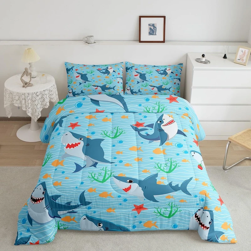 Cute Shark Comforter Set Queen Size,Fish Coral Bedding Set 3pcs for Kids Teens Boys Girls Room Decor,Mysterious Under Sea Animals Plants Themed Quilt Set Cartoon Blue Duvet Insert with 2 Pillowcases