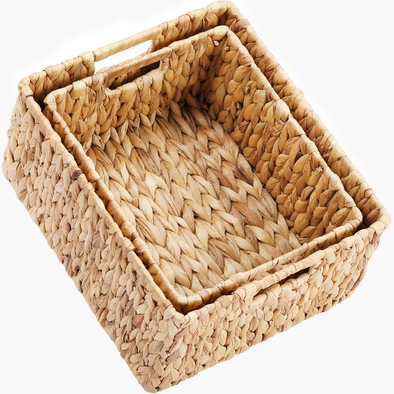 HOONEX Water Hyacinth Storage Baskets, Wicker Baskets for Organizing, Hand Woven Baskets with Carry Handles, Set of 2, Natural