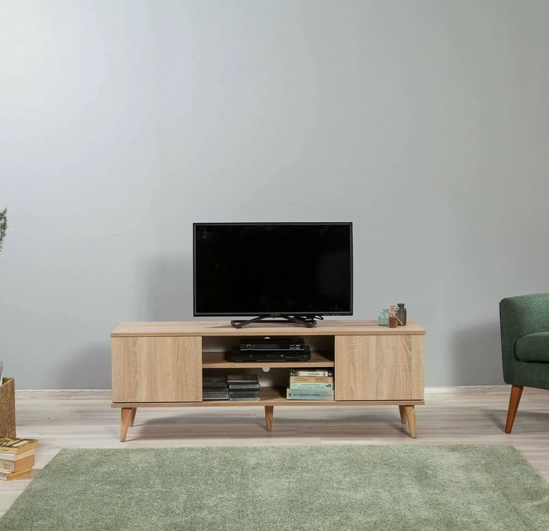 Dmora - Decrux TV Cabinet, Living Room Sideboard, Low Cabinet for TV, Equipped Wall Base, 140 x 40 H 50 cm, Oak