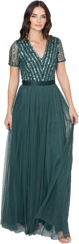 Maya Deluxe Women's Maxi Dress Ladies Bridesmaid V-Neck Ball Gown Short Sleeves Long Elegant Empire Waist Wedding, Emerald Green, 36 EU