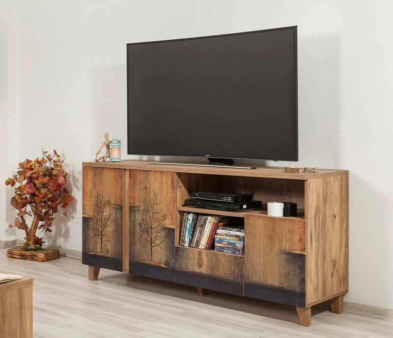 Dmora Justitia Door Cabinet, Living Room Sideboard, Low Cabinet for TV, Equipped Wall Base, 160 x 45 x H 76 cm, Oak