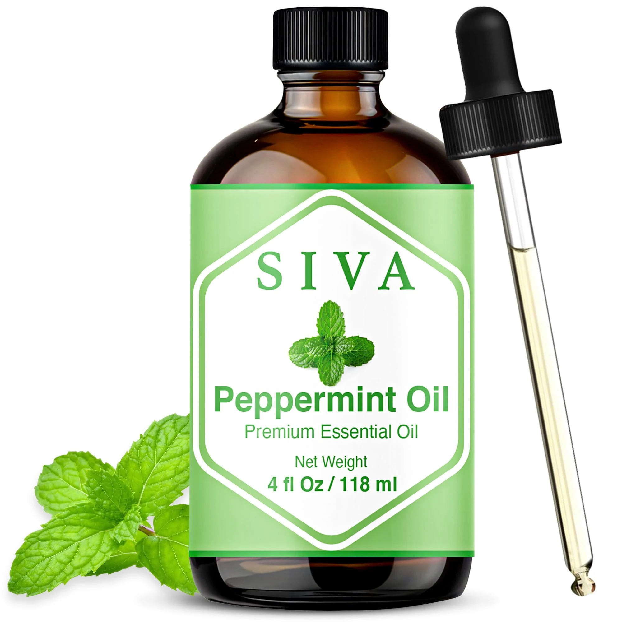 Siva Peppermint Essential Oil - 4 Fl Oz – Natural Peppermint Oil - for Diffuser, Face, Skin Care, Aromatherapy, Hair Care, Scalp and Body Massage - with Dropper