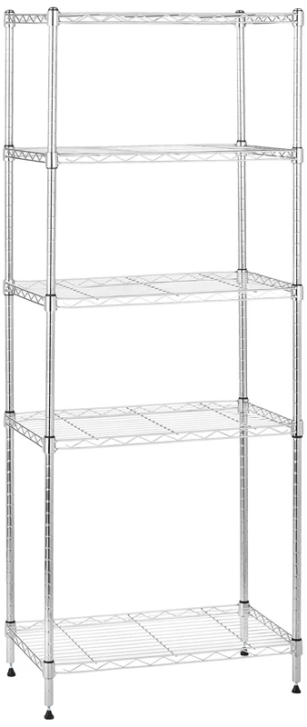 Amazon Basics 5-Shelf Narrow Storage Unit With Height Adjustable Shelves and Levelling Feet, 453kg Max Weight, Chrome, 34 cm D x 58.9 cm W x 152.5 cm H