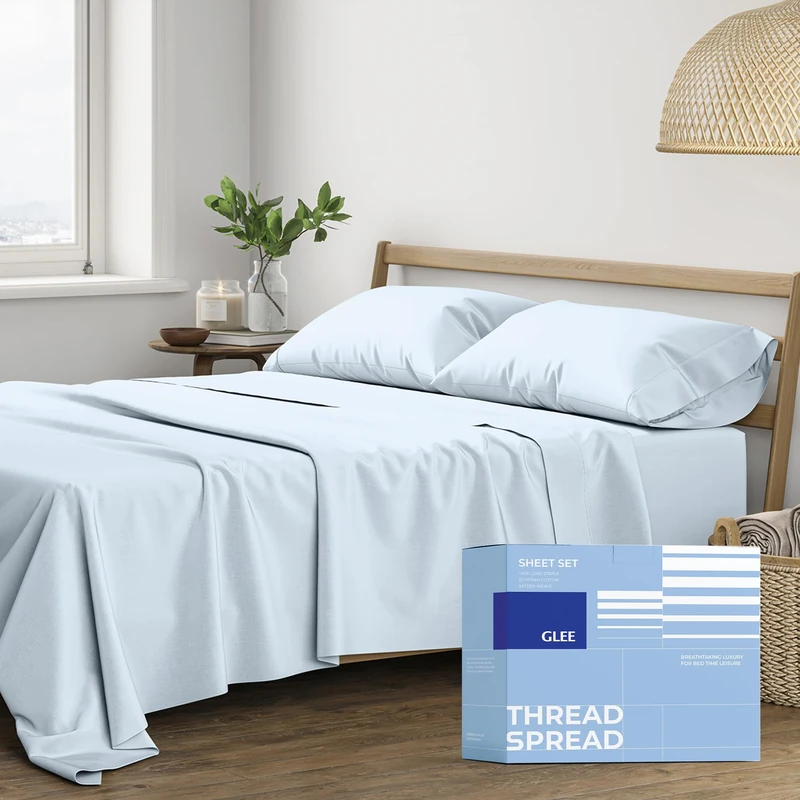 Cotton King Size Sheet Set - 4 Pc Set - Hotel Luxury Bed Sheets - Deep Pocket - Easy Fit - Breathable Cooling Sheets - Comfy - 400 Thread Count Sateen Weave Light Blue Bedsheets - Kings Sheets