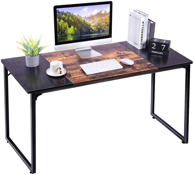 Homesbrand Computer Desk, Office Desk for Home Working, Modern Simple Style PC Desk Study Table Writing Workstation with Splice Board, Black-Vintage-Black, 140x60x75CM