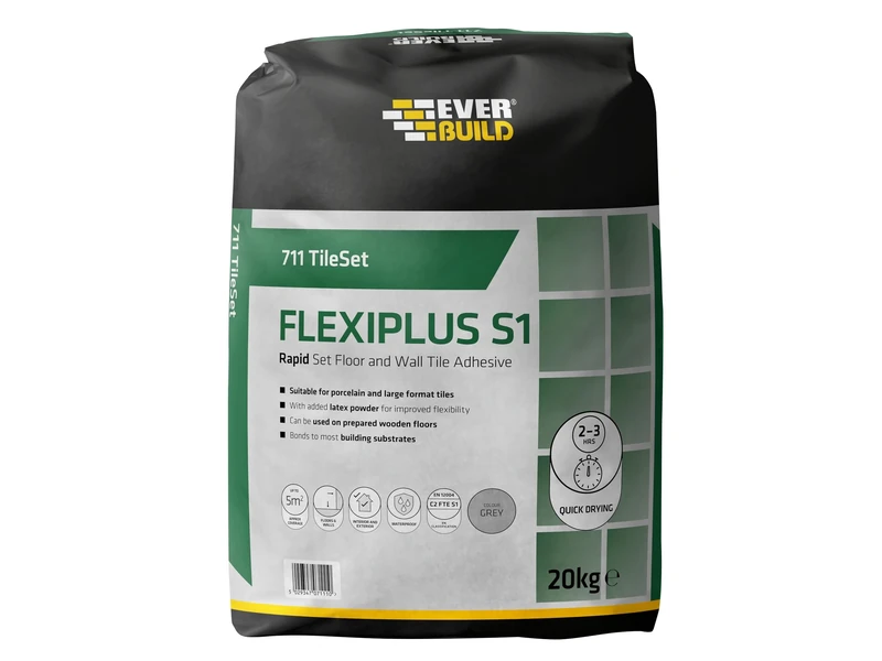 Everbuild 711 TileSet Flexiplus S1 Floor And Wall Tile Adhesive – Ready Mixed – Anti-Mould – Water Resistant – High Strength – White – 20kg