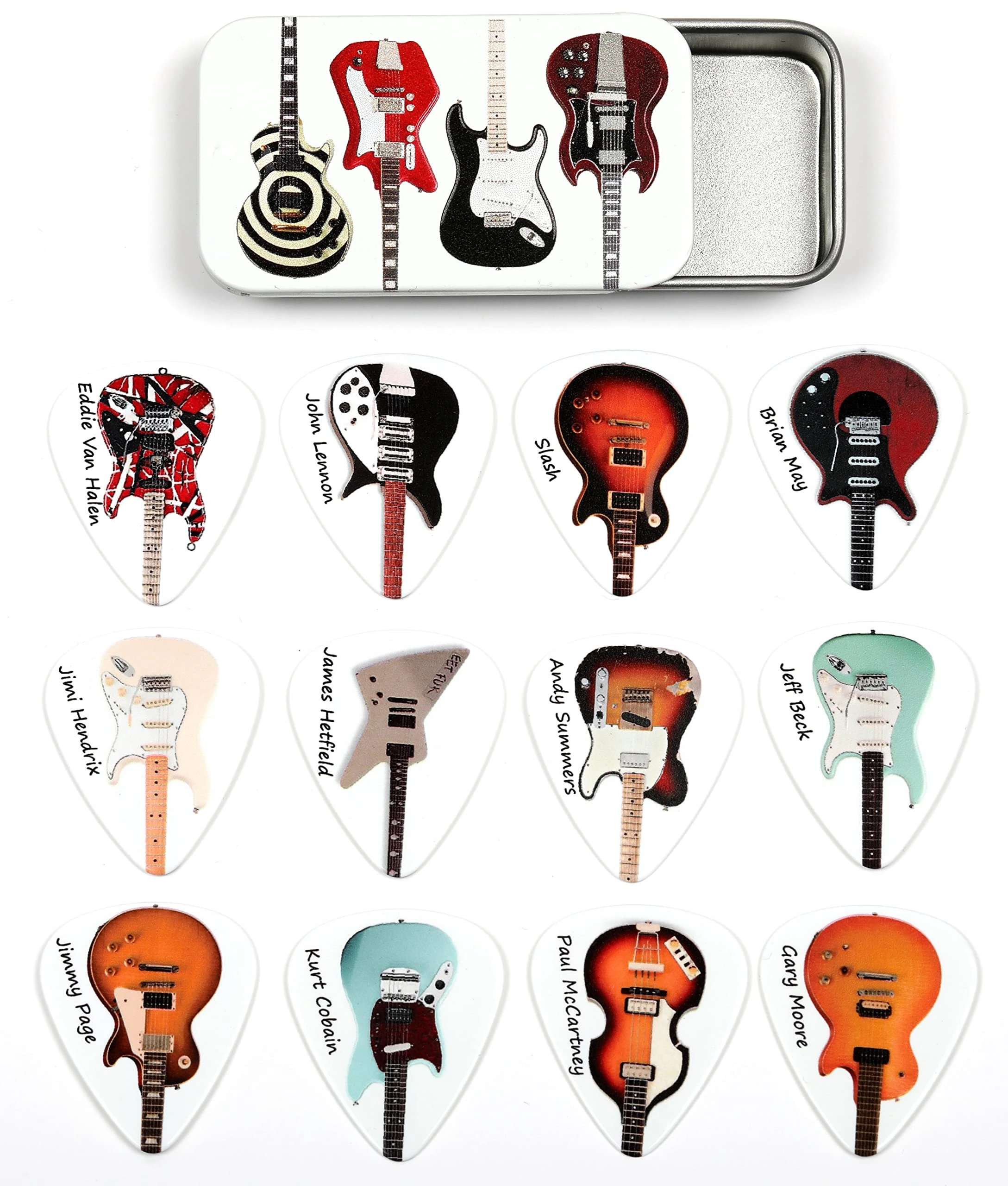 Tin of 12 Guitar Plectrums Featuring 24 Famous Guitars - Harmony Picks