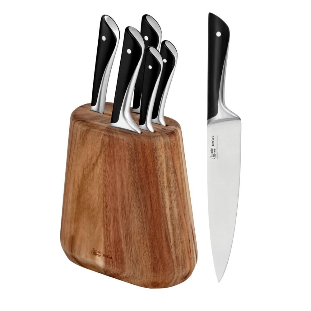 Tefal Jamie Oliver 5 Piece Kitchen Knives Set with Knife Block, German Stainless Steel, Ice Hardened, Acacia Wood, K267S655