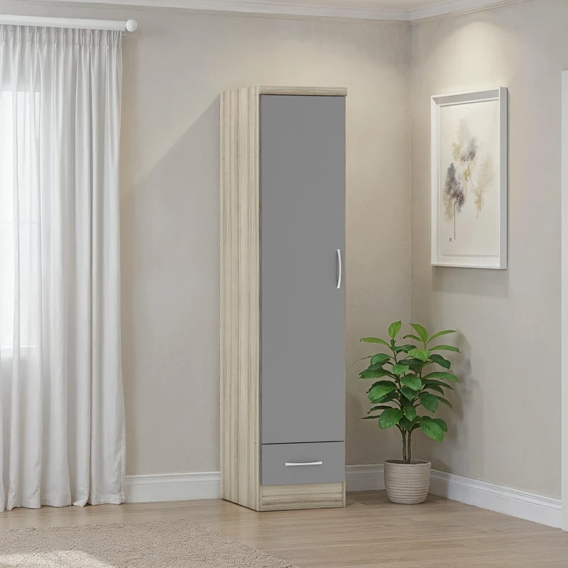 Seconique Nevada 1 Door 1 Drawer Wardrobe in Grey Gloss/Light Oak Effect Veneer