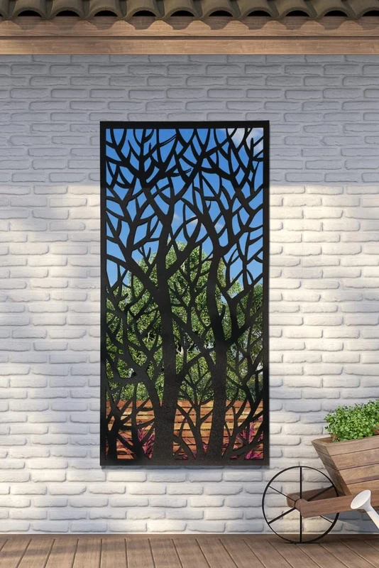 MirrorOutlet Metal Garden Screen Extra Large Tree Effect, Black, 180 x 90 cm