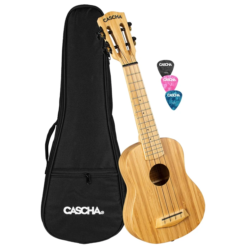 Cascha Bamboo Natural Soprano Ukulele for Adults and Children - Includes 3 Picks & Padded Bag - Bamboo Ukulele for Beginners or Advanced Users - High-Quality Carbon Strings - Top Quality