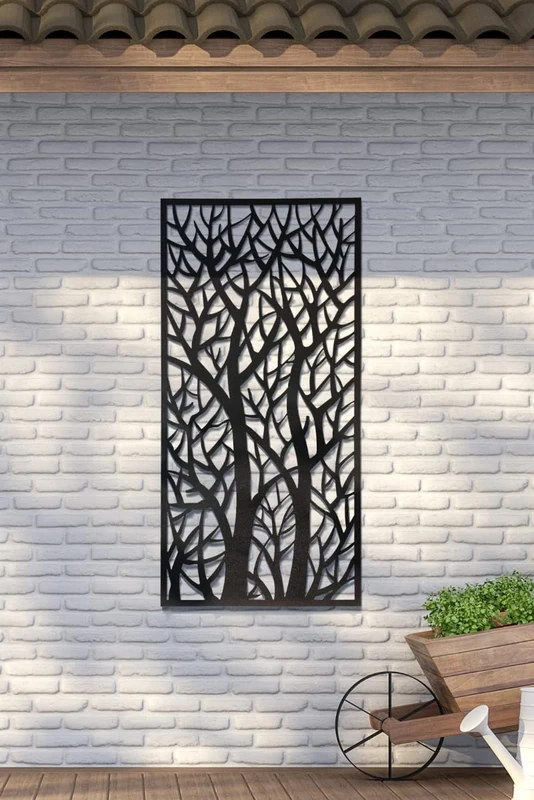 MirrorOutlet Metal Garden Screen Extra Large Tree Effect, Black, 120 x 60 cm,GMS006