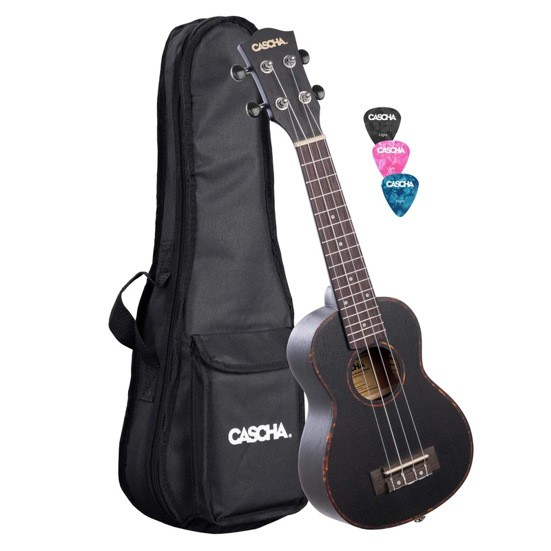 Cascha Soprano Left-Handed Ukulele Black Mahogany I Ukulele Starter Kit 3 Coloured Plectrums Bag Gigbag I Soprano Ukulele Premium Mahogany Black I Small Hawaii Guitar for Beginners Advanced Users