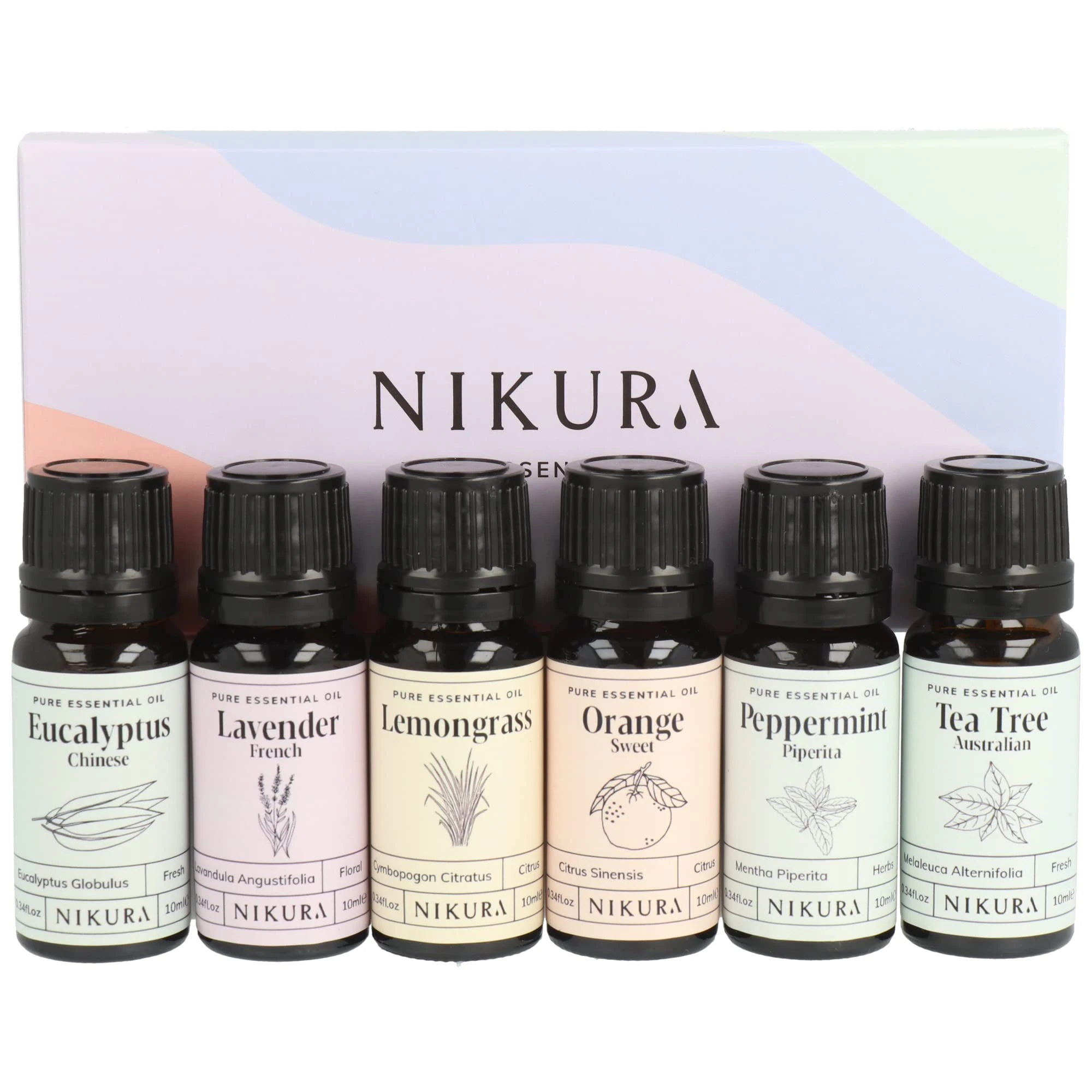 Nikura Starter Kit Essential Oil Gift Set - 6 x 10ml | Essential Oil for Diffuser for Home, Aromatherapy, Strong Fragrance, Sleep | Eucalyptus, Lavender, Lemongrass, Sweet Orange, Peppermint, Tea Tree
