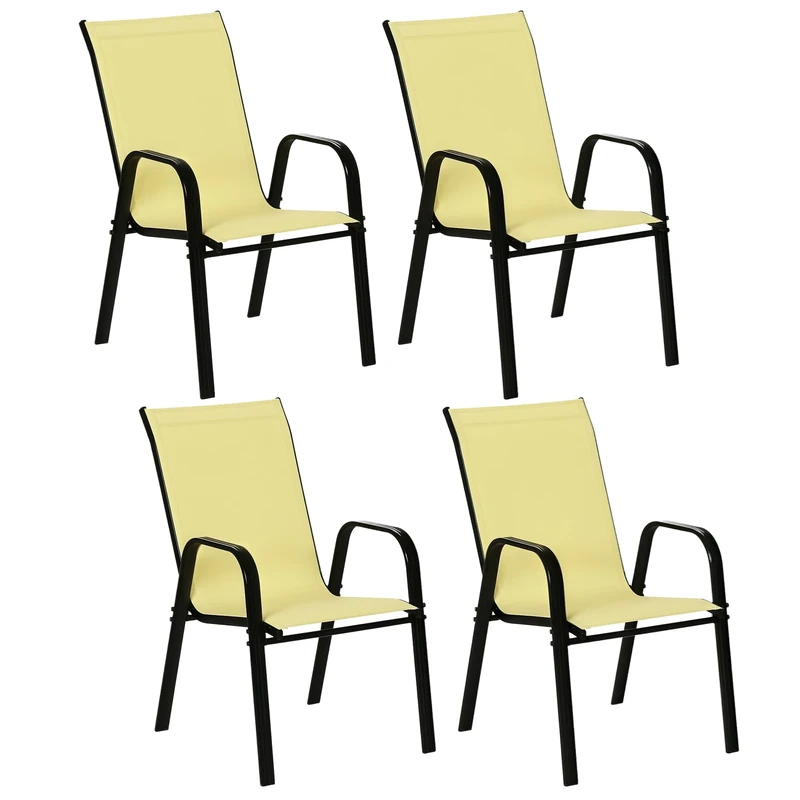 Outsunny 4 Pieces Garden Chairs, Stackable Outdoor Chairs with High Backrest and Armrest, Breathable Mesh Fabric Dining Chair Set of 4, Beige