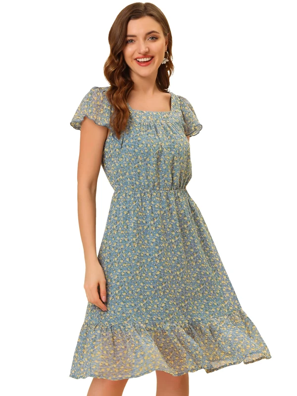 Allegra K Women's Short Sleeve A-line Square Neck Ruffle Floral Midi Dress Summer Dress, Blue Grey, L - Image 1