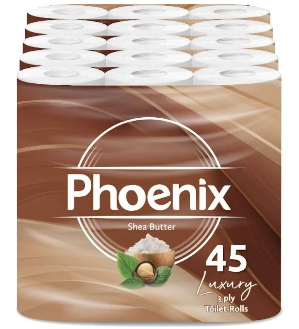 Phoenix Toilet Rolls – 45 Pack | 3 Ply Shea Butter Scented Toilet Paper | Bulk Buy, Soft, Quilted, Sustainably Sourced, Eco- Friendly Luxury Bathroom Tissue