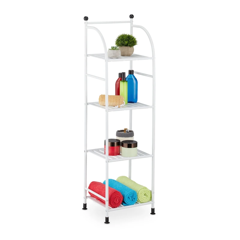 Relaxdays Narrow Storage Unit, 115 X 33 X 28 cm, Kitchen & Bathroom Shelf, 4 Lattice Trays, Metal Standing Tower, White