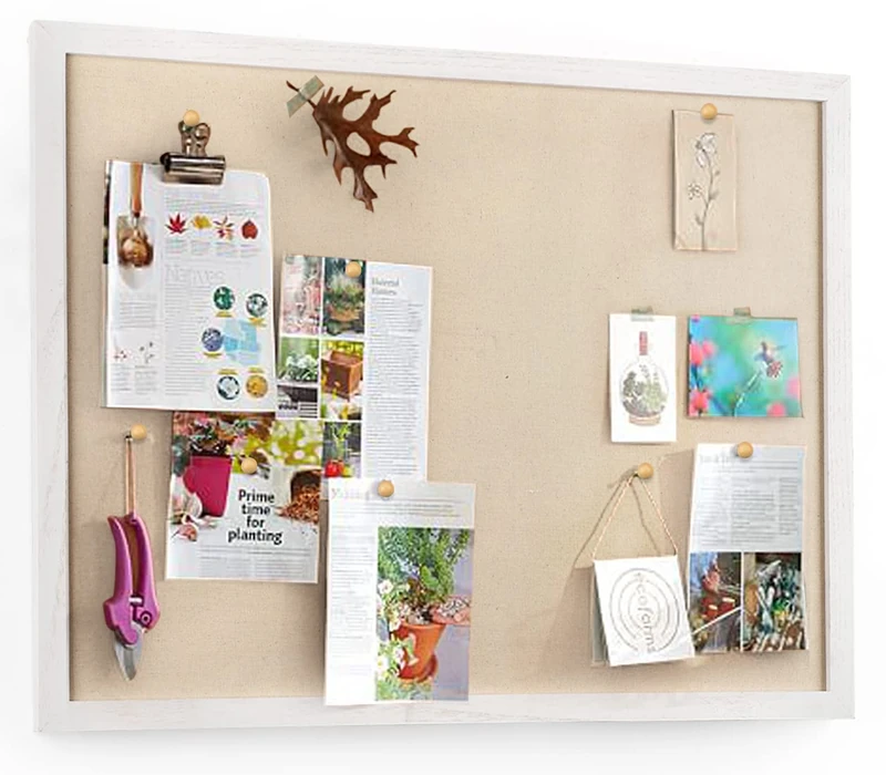 Miratino Large Bulletin Board 23x18 inch with Linen Wood Boards Wall Decor Hanging Pin Wood Framed Display Bulletin Cork Photo Picture Board Light for Room School Office 20-Pushpin Vintage White