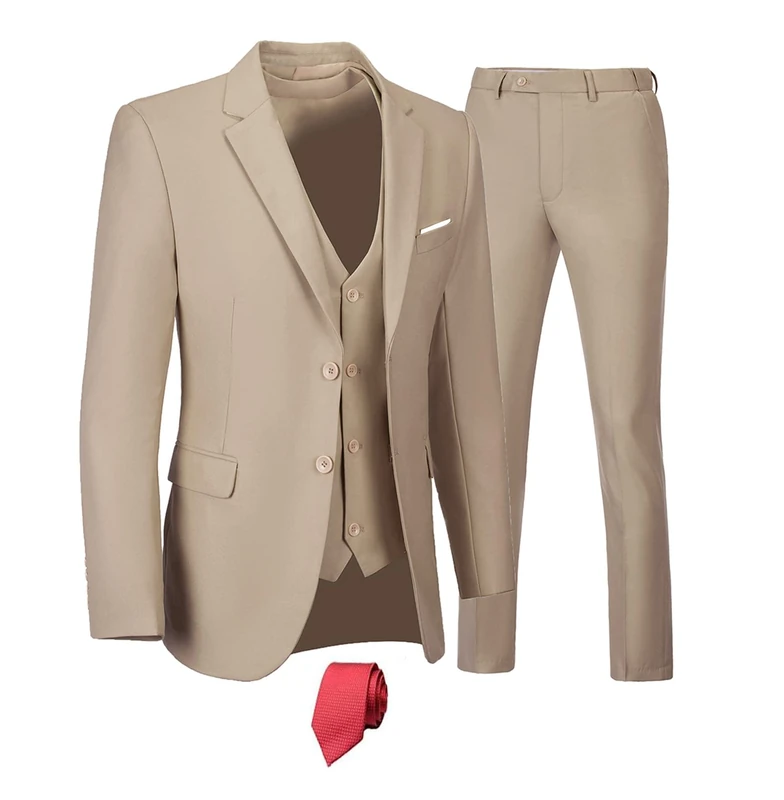 Furuyal Men's 3 Piece Suit Set Slim Fit Two Button Wedding Business Tuxedo Jacket Vest Pants with Tie, Champagne, M