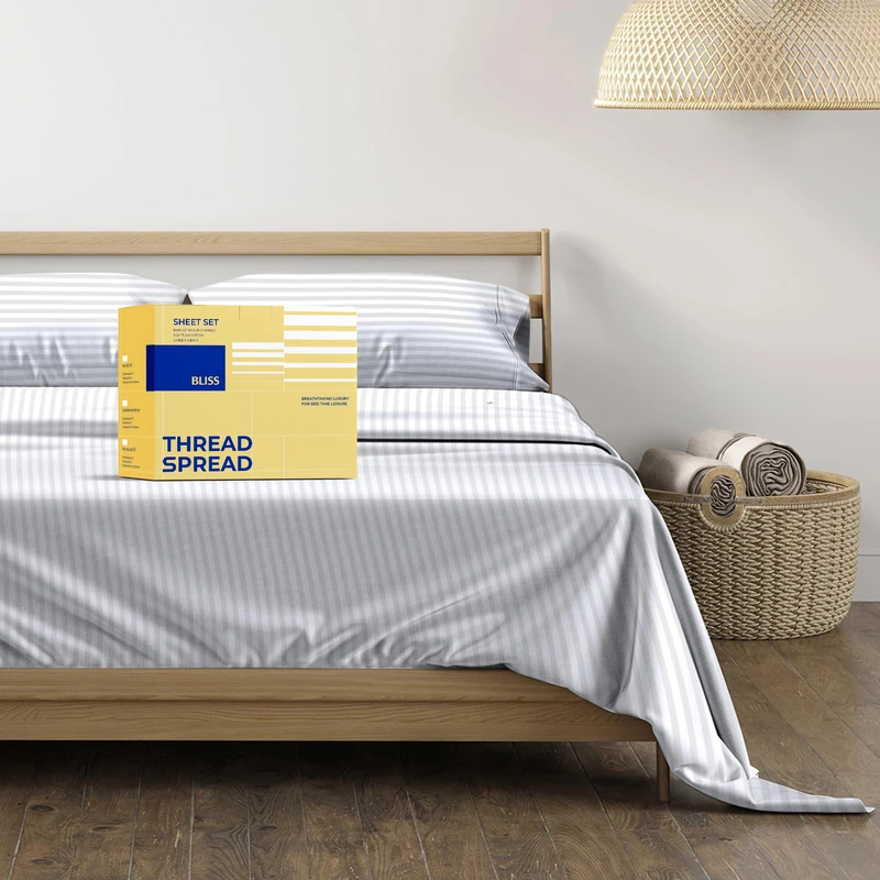 THREAD SPREAD Luxury Egyptian Cotton California King Striped Sheet Set, 600 Series Bliss Collection Extra Long Staple Set (4 PC, White Stripe), Cal King Sheets Upto 18" Deep Pocket